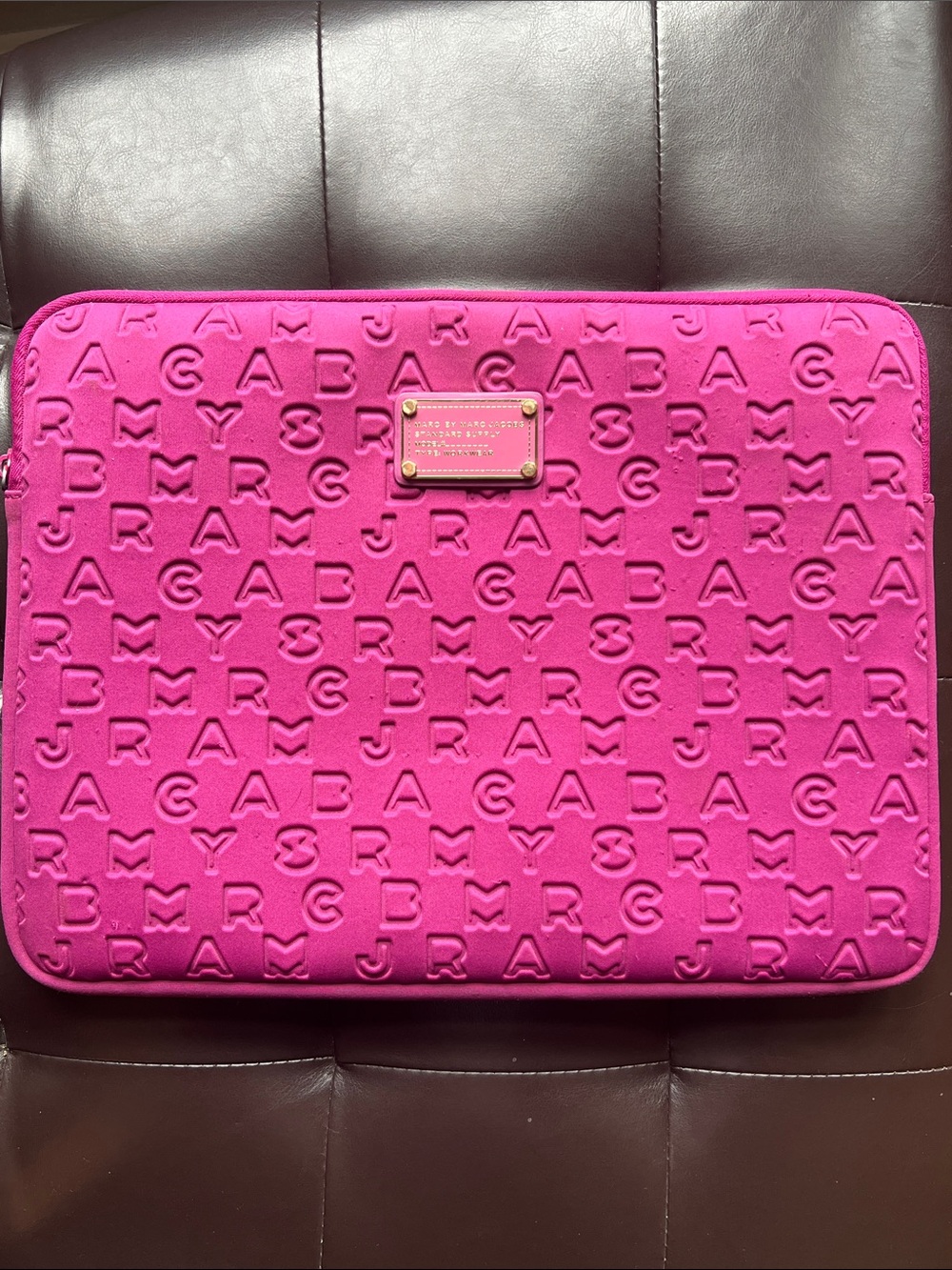 Marc by Marc Jacobs Fuchsia Embossed Logo Laptop Sleeve, Neoprene/Faux Fur